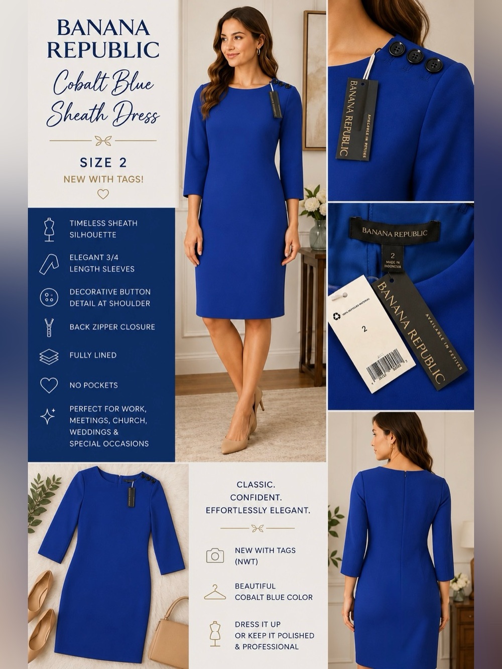 NWT Banana Republic Cobalt Blue Sheath Dress | Size 2 | 3/4 Sleeve